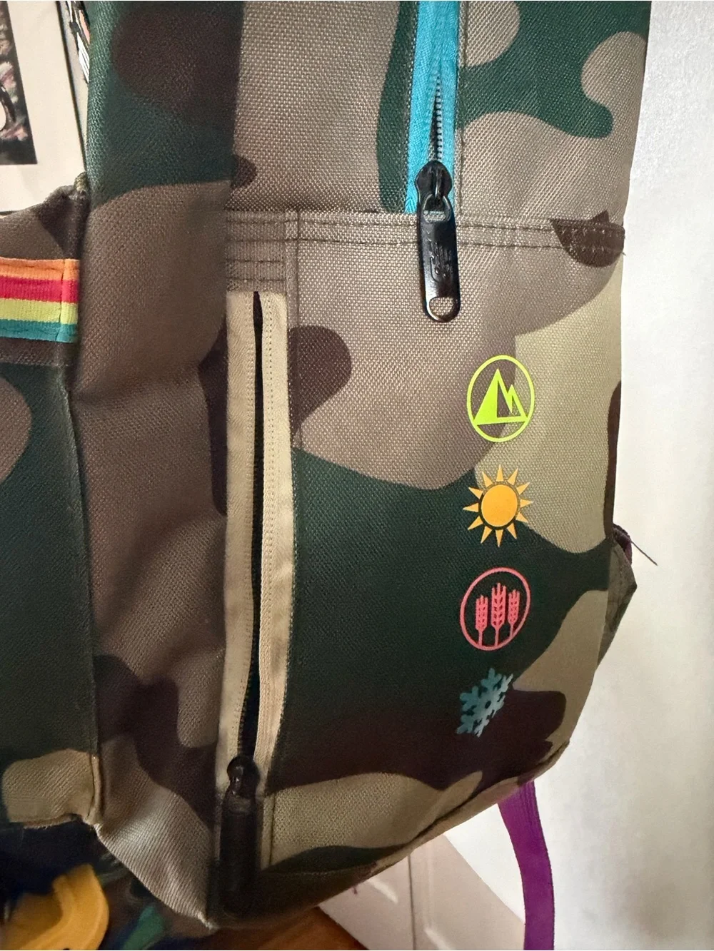 New Balance Green Camouflage Backpack with Rainbow Trim